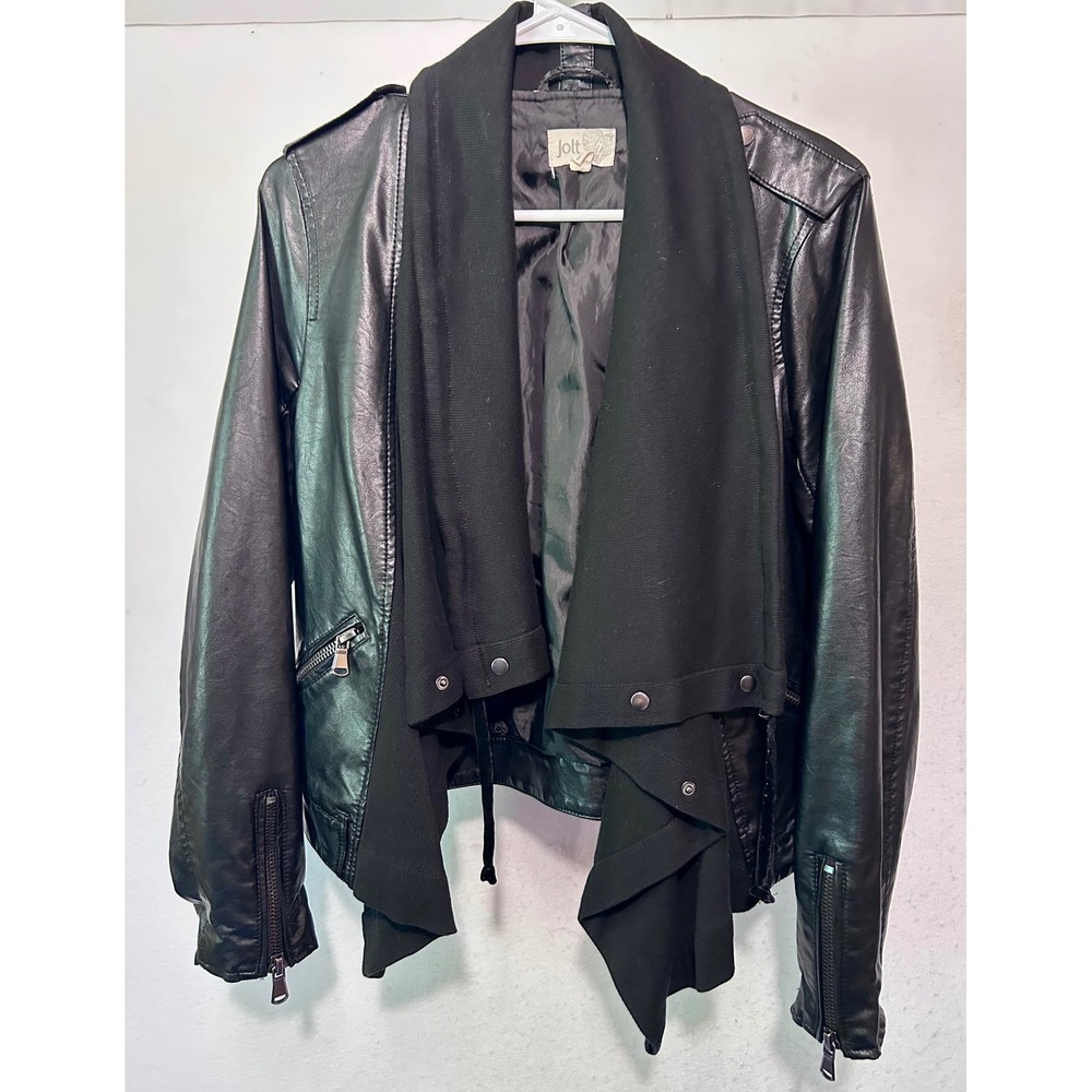 Jolt Womens Black Faux Leather Moto Jacket Draped Knit Collar Size Medium
